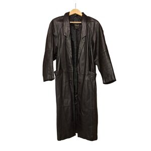Pelle Leather Trench Coat Men's Size L Black Genuine Leather Long Overcoat